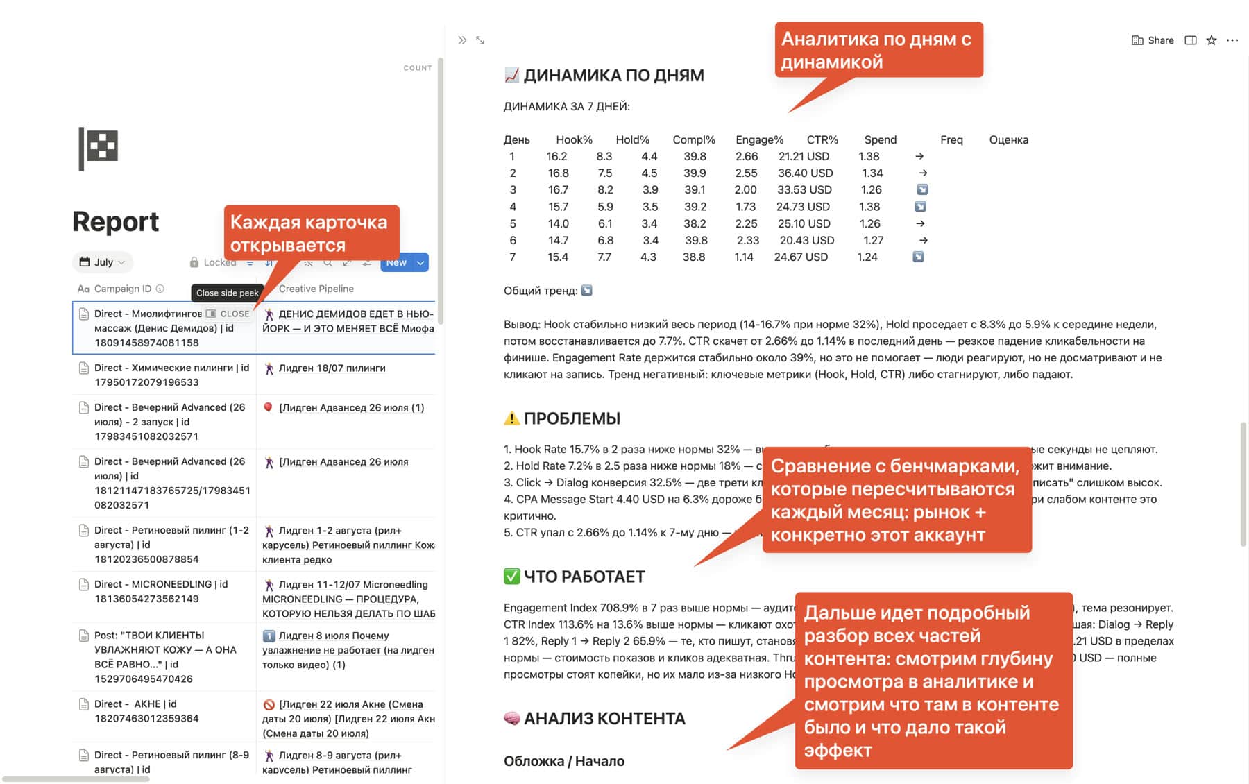 Detailed breakdown of a campaign: day-by-day dynamics with Hook, Hold, Completion, Engagement, CTR and spend, comparison with market and account benchmarks, the 'Problems', 'What works' and 'Content analysis' blocks