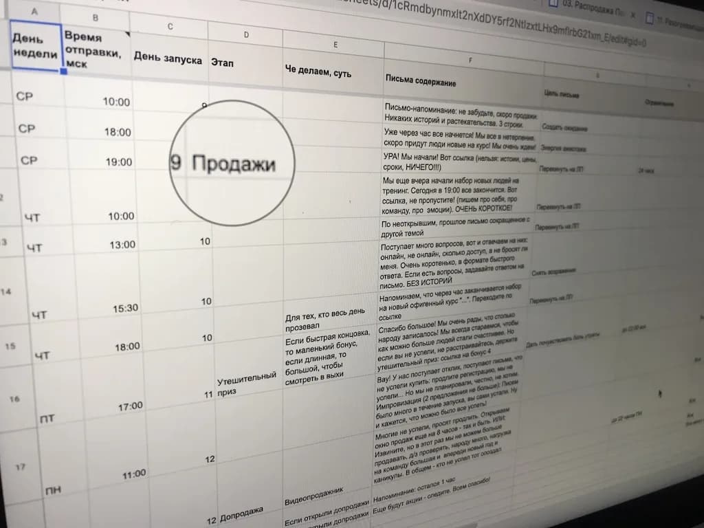 Content plan for the sales series: emails scheduled by day and hour, with a goal for each email