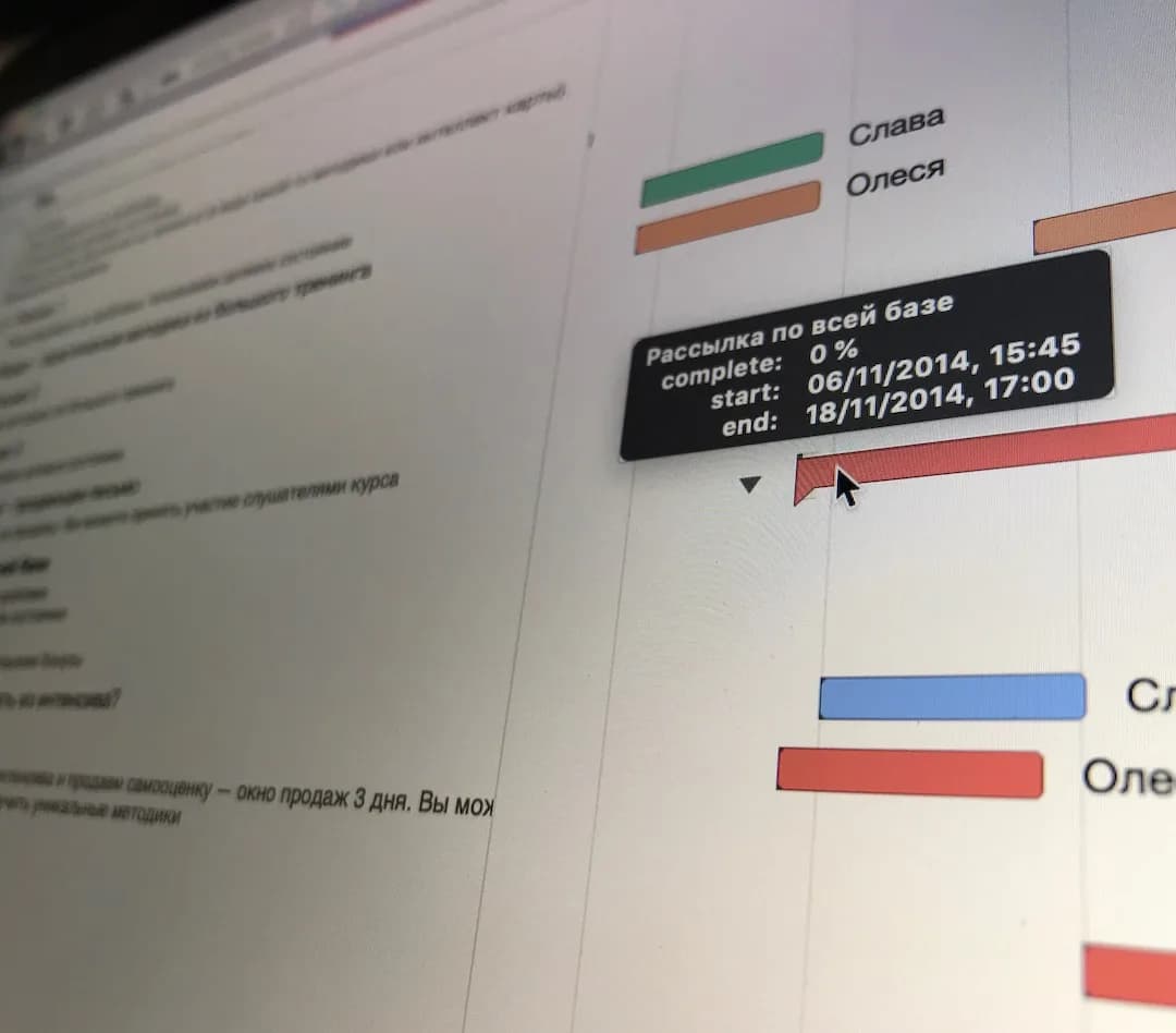 Gantt chart with assignees: every task has an owner and a deadline