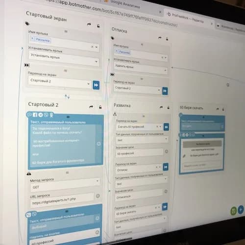 Конструктор Botmother: экраны бота ProFreeWork — выдача лид-магнита и развилки сценария