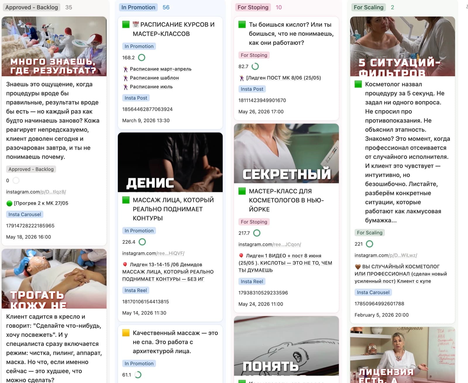 Пайплайн таргетолога: карточки рекламных кампаний разложены по колонкам Approved - Backlog, In Promotion, For Stoping, For Scaling согласно рекомендации из аналитики Пайплайн таргетолога: карточки рекламных кампаний разложены по колонкам Approved - Backlog, In Promotion, For Stoping, For Scaling согласно рекомендации из аналитики