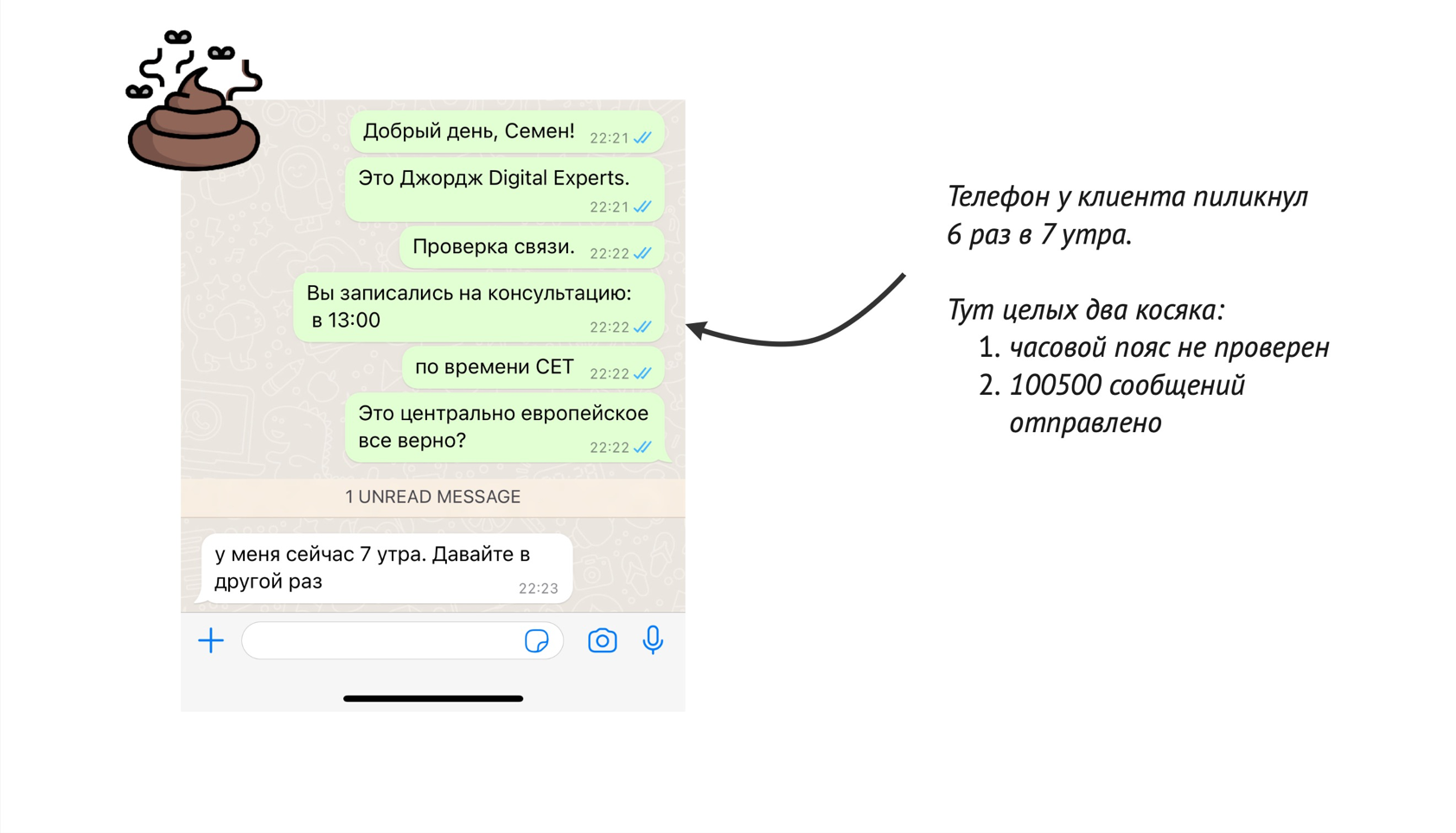 Пример дробления сообщений по одному слову в мессенджере